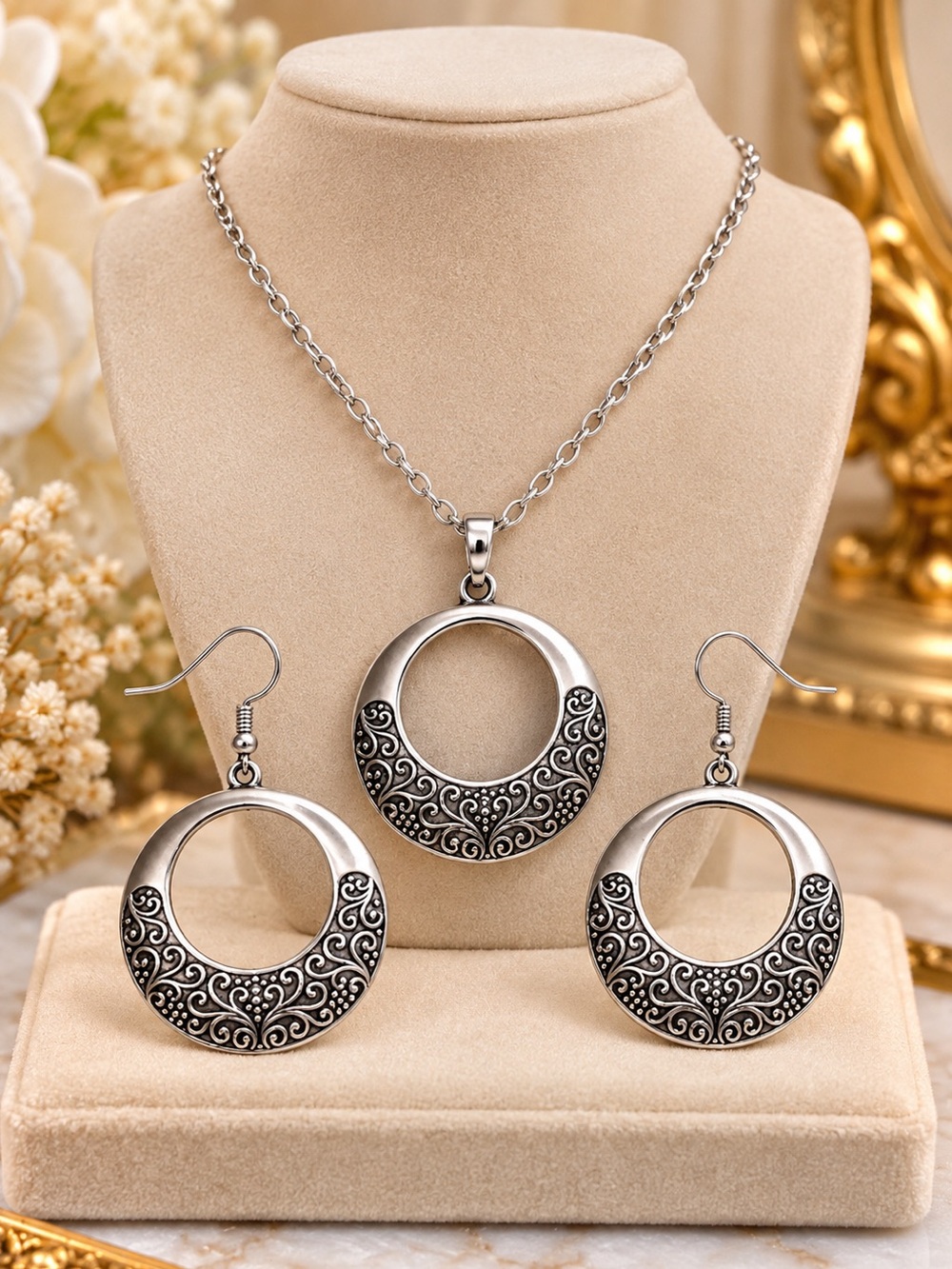 Silver-Tone Filigree Crescent Necklace & Earrings Set - Women Jewelry